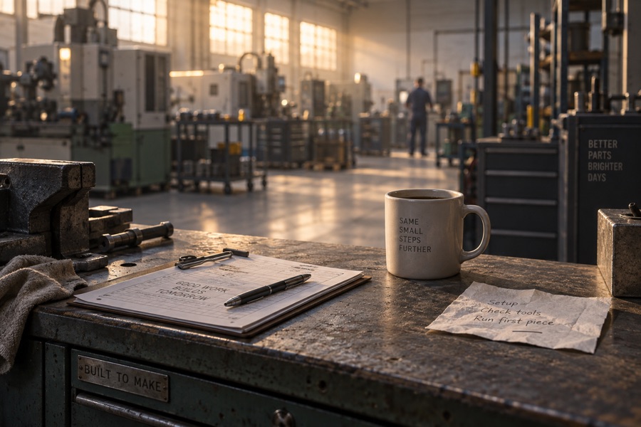 A workbench on a shop floor in morning light, a notebook and a napkin with a few pen lines.