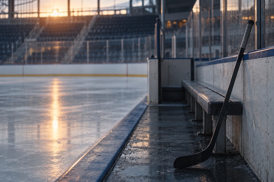 An empty bench beside the ice at dawn, one stick leaning on the boards.