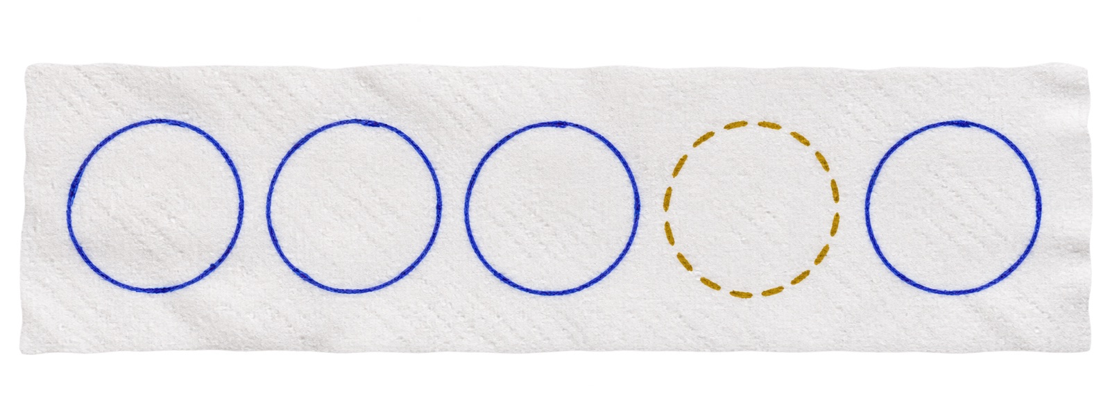 Five circles drawn in pen on a napkin, four solid and one dashed in gold.