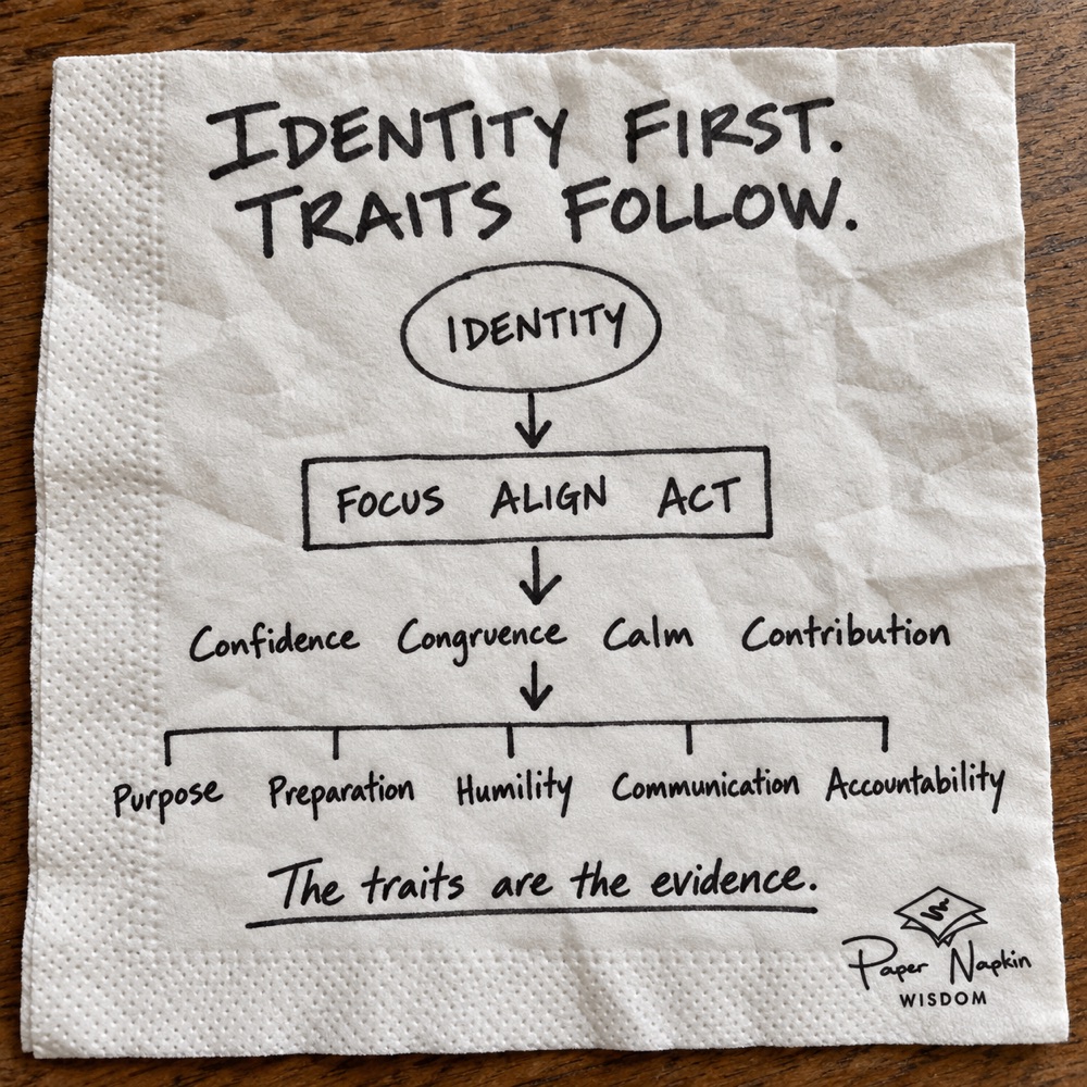 A napkin sketch reading Identity first, traits follow, with Focus, Align, Act leading down to the five traits.