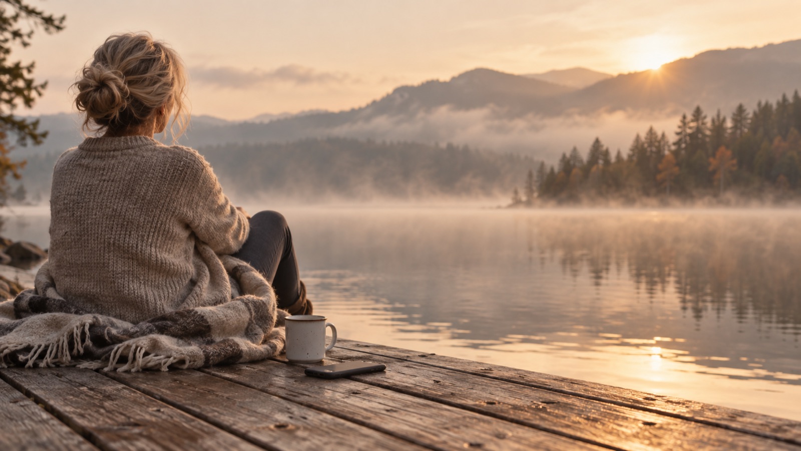 A leader sitting at the end of a dock at sunrise, coffee beside her, phone face down on the boards.